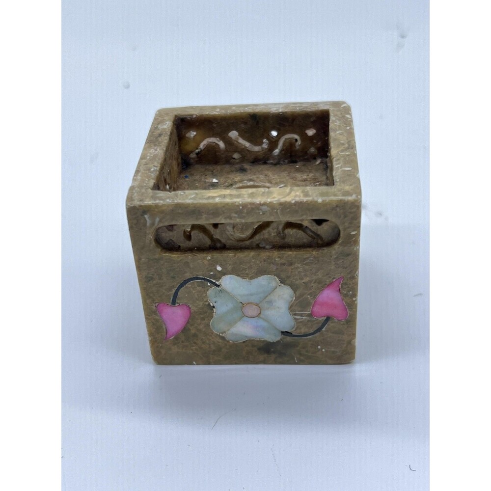 Small Brown Stone Shell Floral Inlay Taper Candle Holder Made In India Decor